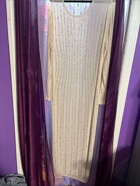 Long Cream Beaded Sheath Dress
